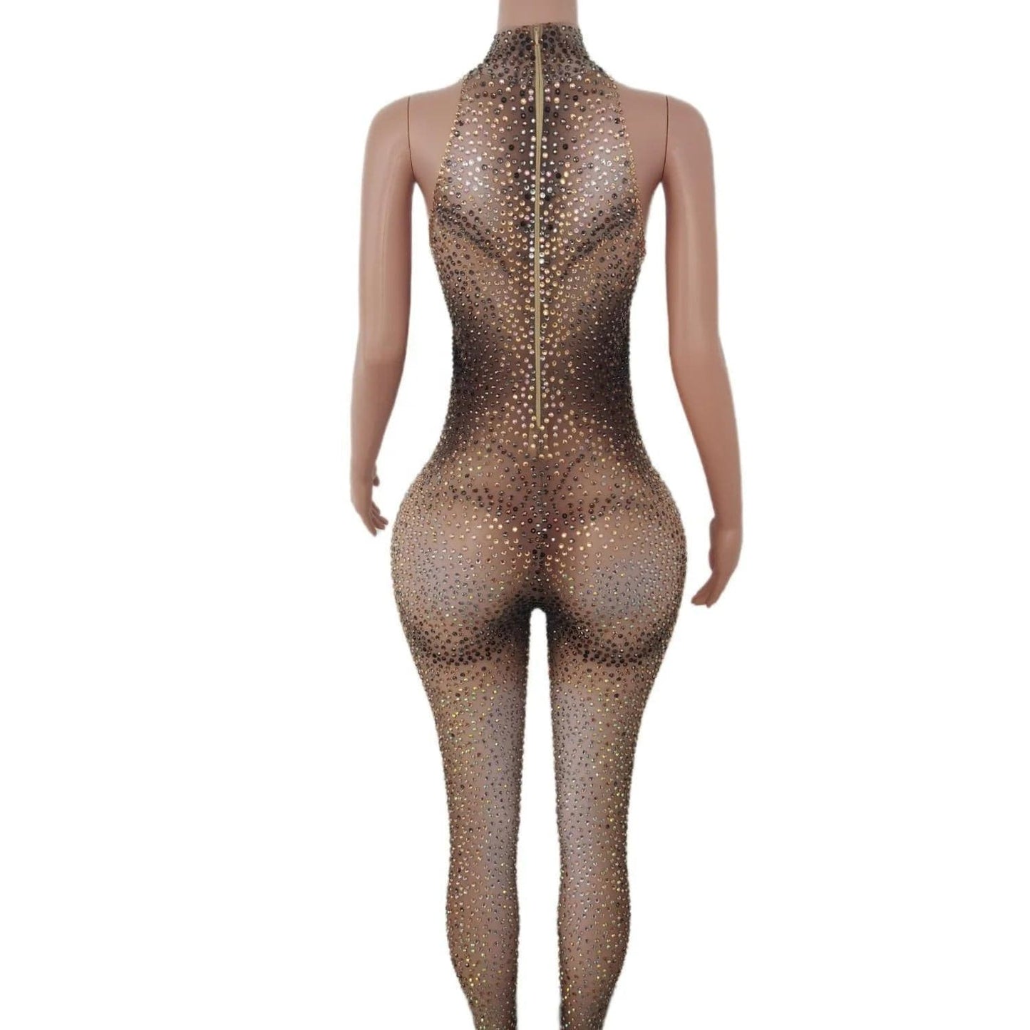 Stretch Free Size / Champagne Sexy Sleeveless Stretch Mesh Rhinestone Bodysuit Drag Queen Pole Dance Leotard Ladies Rompers Club Party Women Bodycon Jumpsuits