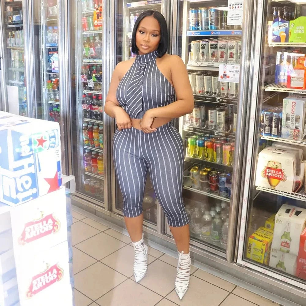 striped / S CM.YAYA Striped Printed Women's Set Sleeveless Necktie Tops and Leggings Pants 2025 Sexy Party Two 2 Piece Sets Outfit Tracksuit