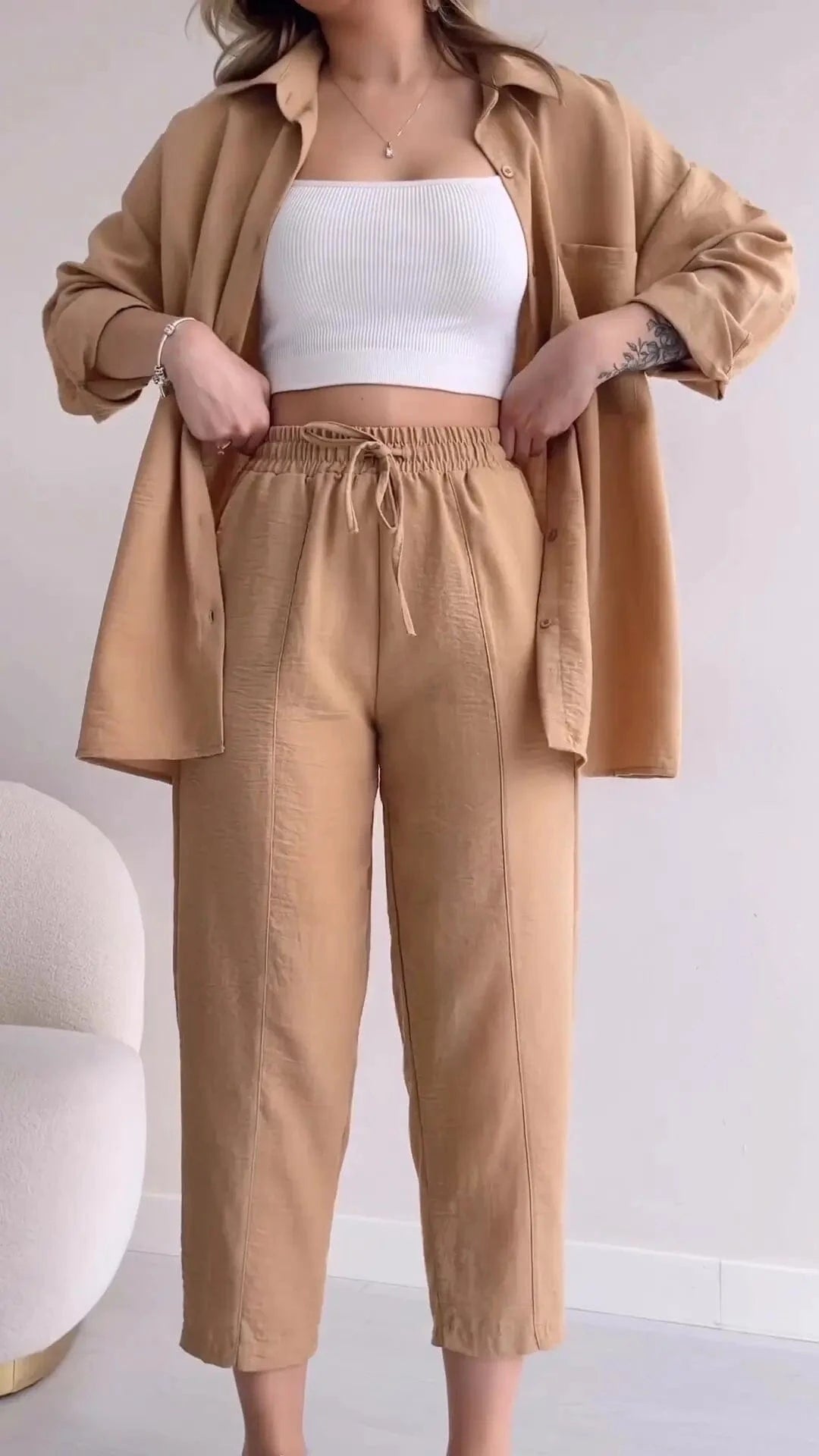 Stylish Casual Autumn Shirt High Waisted cropped trousers Suit Loose Casual Sports Women 2-piece Set