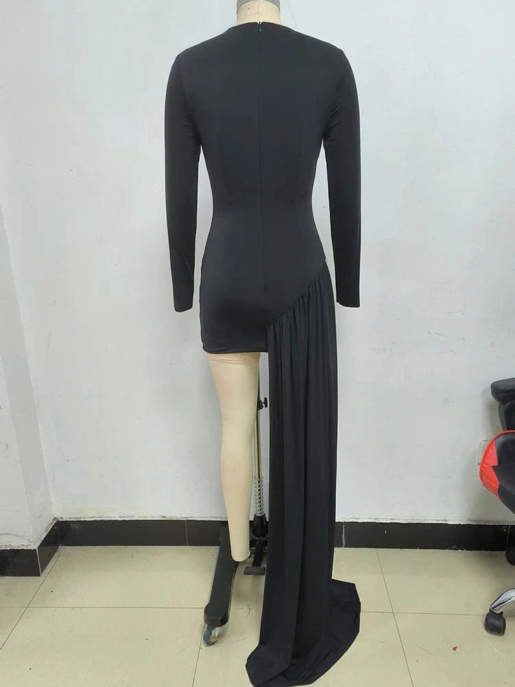 Stylish New Long-sleeved Black Mini Dress for Women Unique Asymmetric Ruched Fish Tail to the Ground Design Evening Party Dress