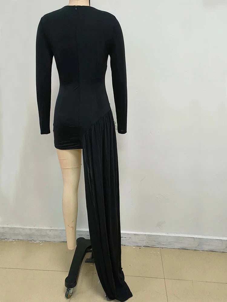 Stylish New Long-sleeved Black Mini Dress for Women Unique Asymmetric Ruched Fish Tail to the Ground Design Evening Party Dress