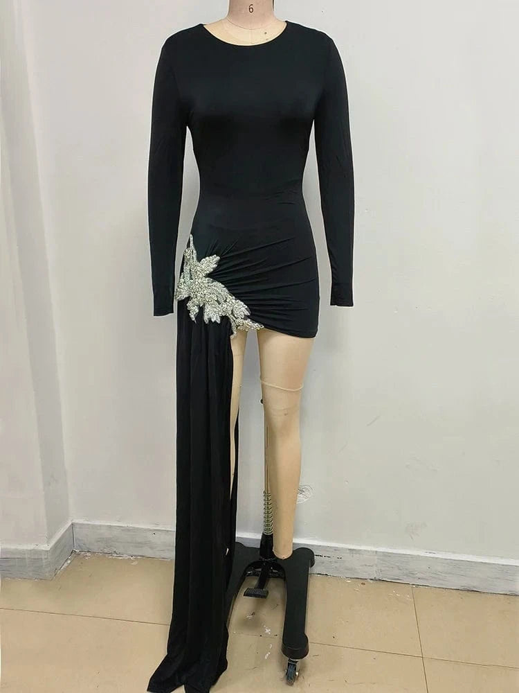 Stylish New Long-sleeved Black Mini Dress for Women Unique Asymmetric Ruched Fish Tail to the Ground Design Evening Party Dress