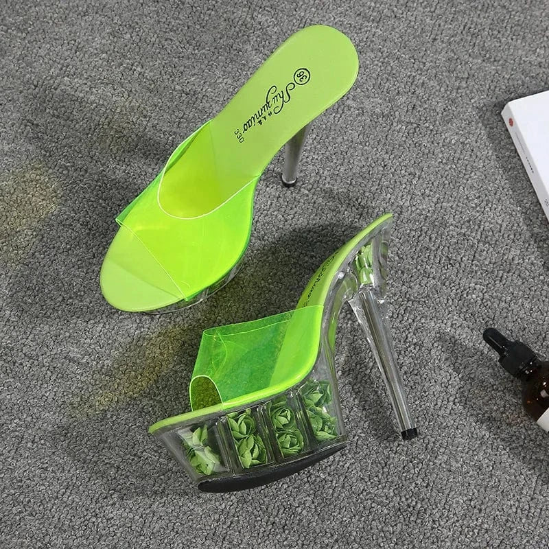 Stylish Women Heel Shoes 15 CM High Heels Flower Platform Slippers Thin Heel Sandals for Women and Ladies