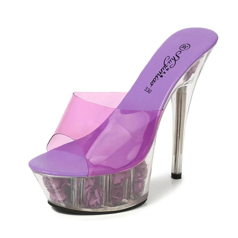 Stylish Women Heel Shoes 15 CM High Heels Flower Platform Slippers Thin Heel Sandals for Women and Ladies