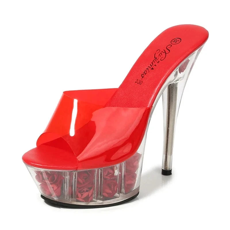 Stylish Women Heel Shoes 15 CM High Heels Flower Platform Slippers Thin Heel Sandals for Women and Ladies