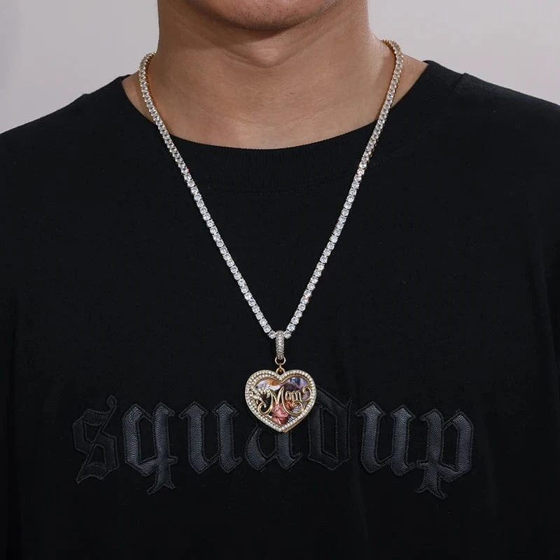 Sublimation Jewelry Punk Men Women Iced Out MOM Heart Custom Photo Memory Pendant Necklace With Gift Box