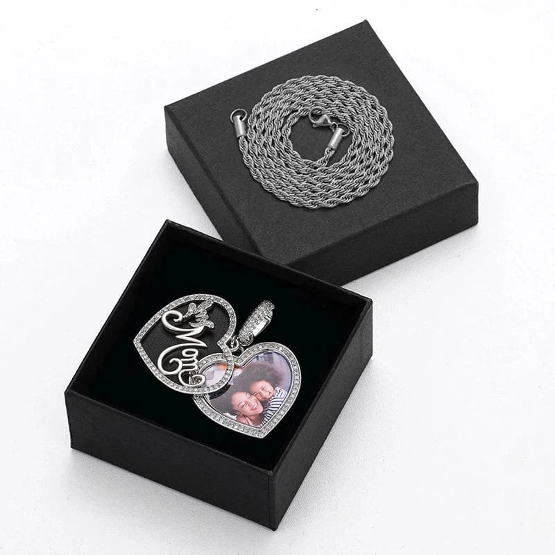Sublimation Jewelry Punk Men Women Iced Out MOM Heart Custom Photo Memory Pendant Necklace With Gift Box