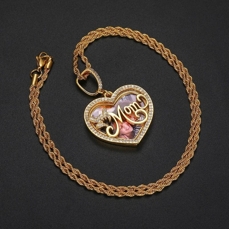 Sublimation Jewelry Punk Men Women Iced Out MOM Heart Custom Photo Memory Pendant Necklace With Gift Box