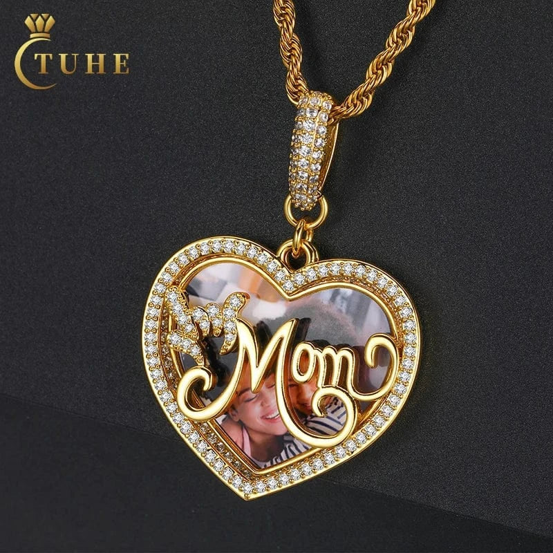 Sublimation Jewelry Punk Men Women Iced Out MOM Heart Custom Photo Memory Pendant Necklace With Gift Box