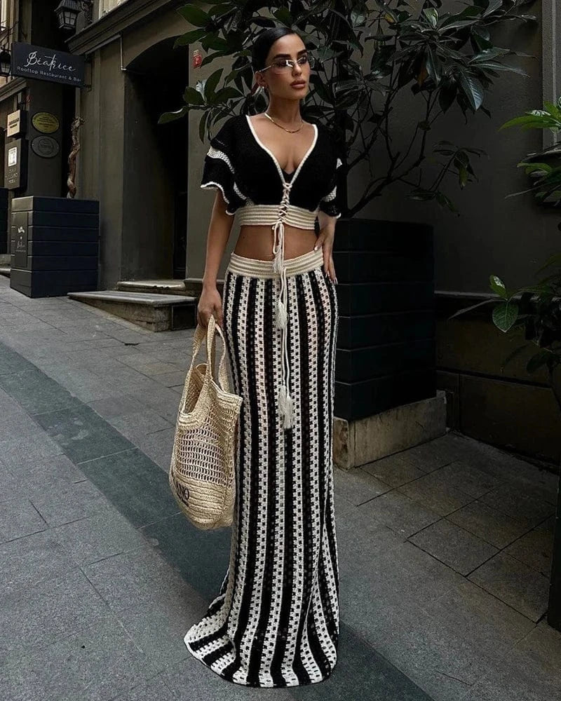 Summer 2 Pieces Women Vacation Outfits Striped Knitted Dress Sets Hollow Out Long Skirts and Short Sleeve V-Neck Crop Tops Set