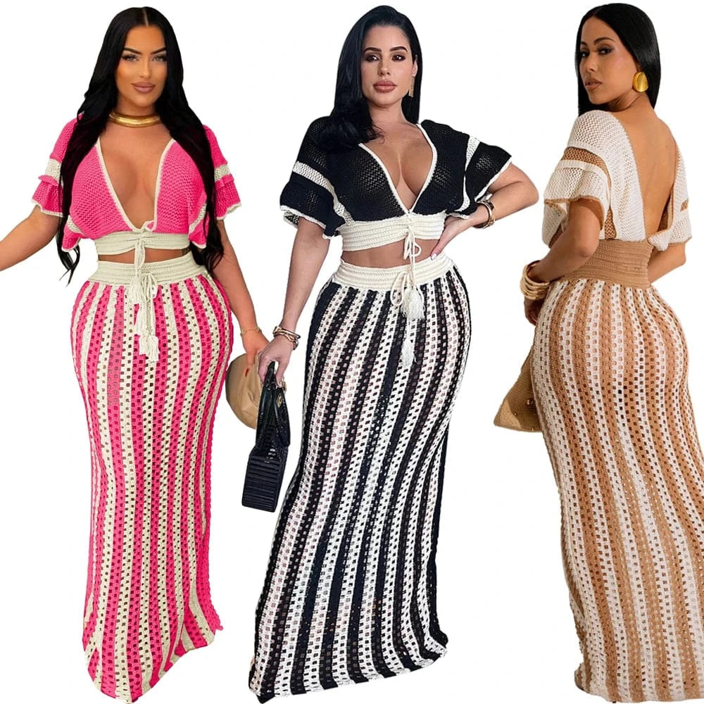 Summer 2 Pieces Women Vacation Outfits Striped Knitted Dress Sets Hollow Out Long Skirts and Short Sleeve V-Neck Crop Tops Set