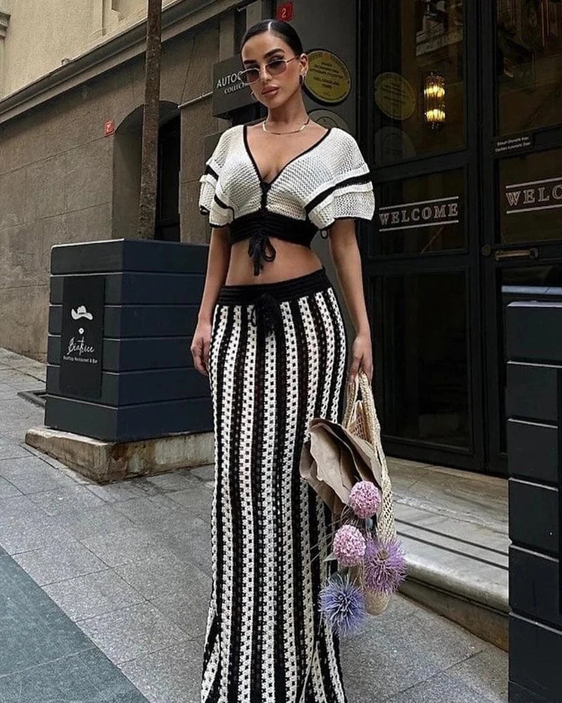 Summer 2 Pieces Women Vacation Outfits Striped Knitted Dress Sets Hollow Out Long Skirts and Short Sleeve V-Neck Crop Tops Set