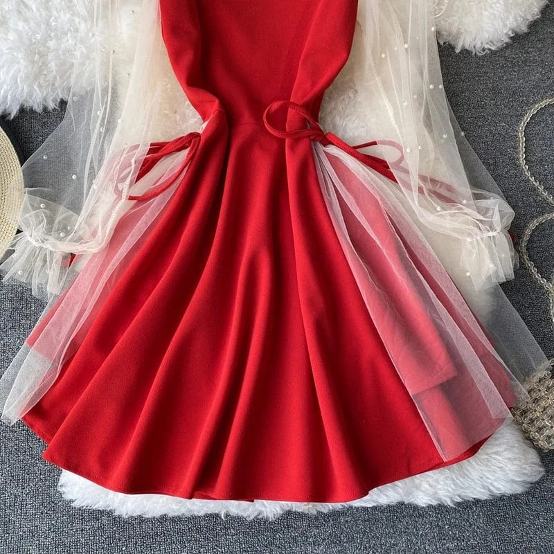 Summer 2022 Hot Sale Bubble Sleeve V-neck Stitching Mesh Beads A-line Dress For Women Slimming Waist Mid-length Dress Wholesale