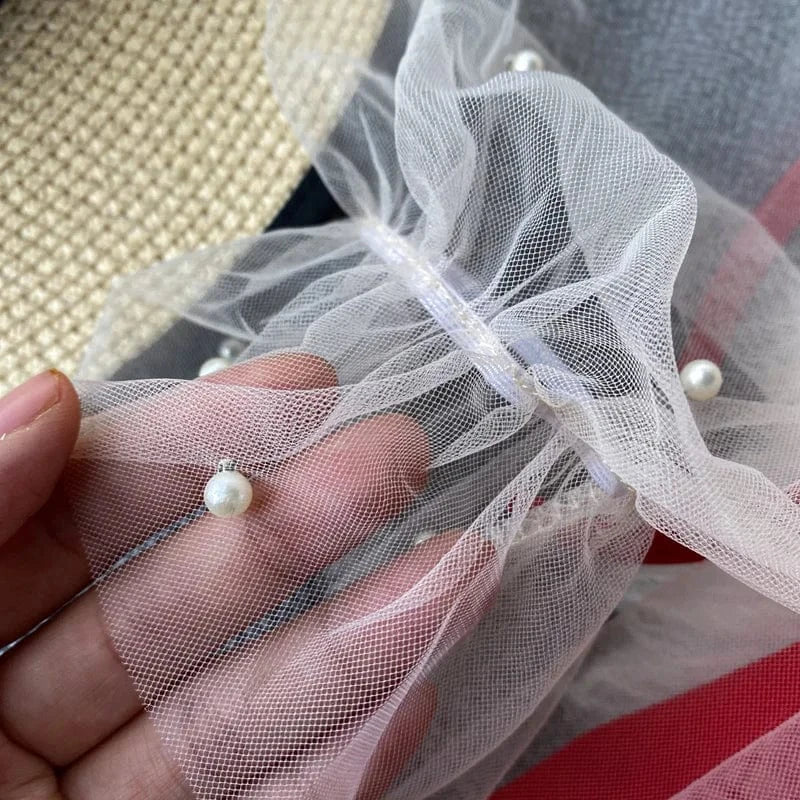 Summer 2022 Hot Sale Bubble Sleeve V-neck Stitching Mesh Beads A-line Dress For Women Slimming Waist Mid-length Dress Wholesale