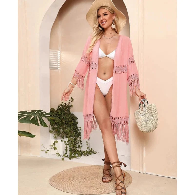 Summer 2024 bikinis beachwear Crochet paneled loose fringed cardigan resort-style Cover Up beachwear