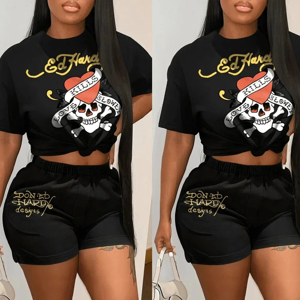 Summer 2024 Chic Woman 2 Piece Sets Plus Size Fashion Streetwear Letter Print T-shirt and Shorts Set Tracksuit Outfits