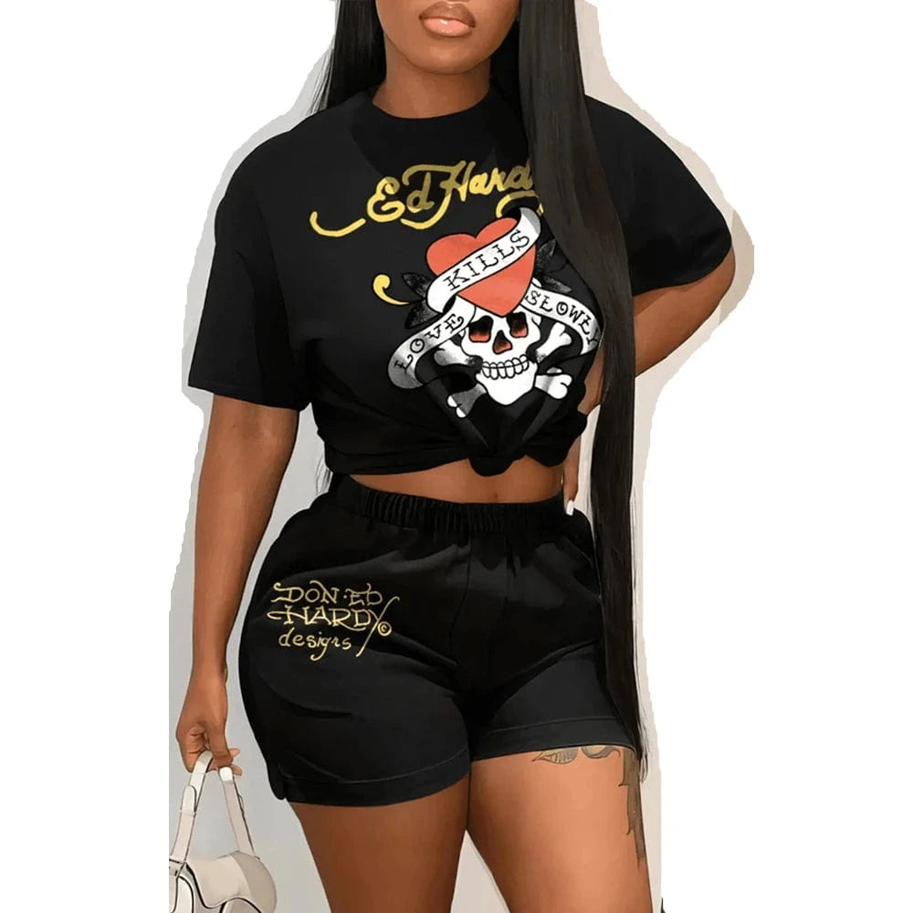 Summer 2024 Chic Woman 2 Piece Sets Plus Size Fashion Streetwear Letter Print T-shirt and Shorts Set Tracksuit Outfits