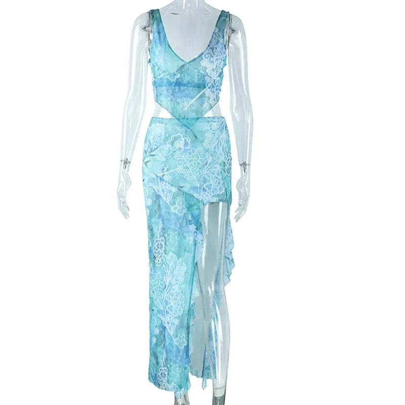 Summer 2024 Fashion Printed Irregular Top Sexy Vest Backless Lace-up Split Skirt Suit 2 Piece Set for Women