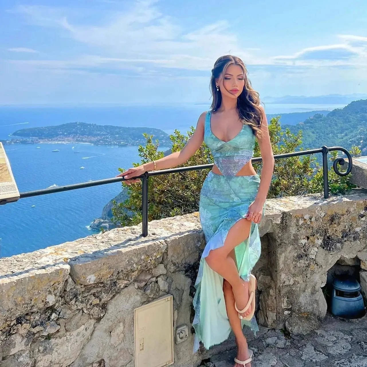 Summer 2024 Fashion Printed Irregular Top Sexy Vest Backless Lace-up Split Skirt Suit 2 Piece Set for Women