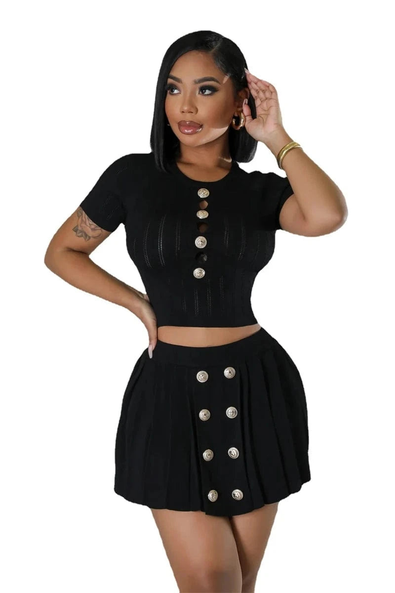 summer 2024 knit 2 two piece crop top t shirt and pleated mini skirt set women's clothing wholesale streetwear for women 2024