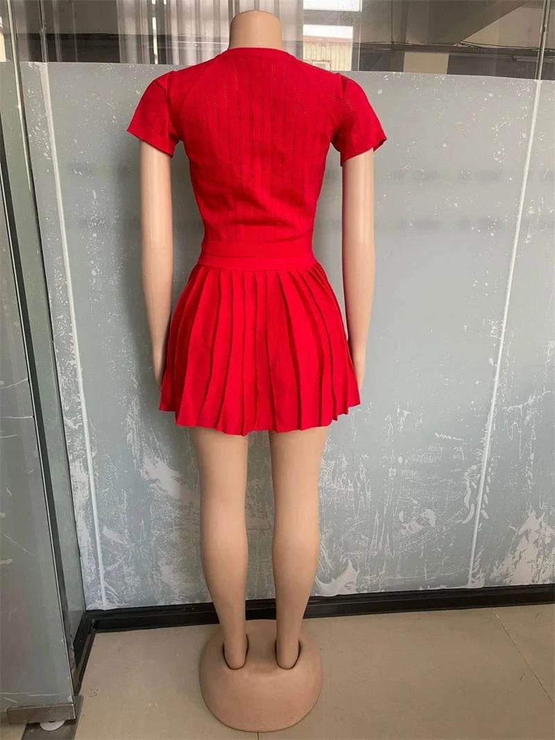 summer 2024 knit 2 two piece crop top t shirt and pleated mini skirt set women's clothing wholesale streetwear for women 2024