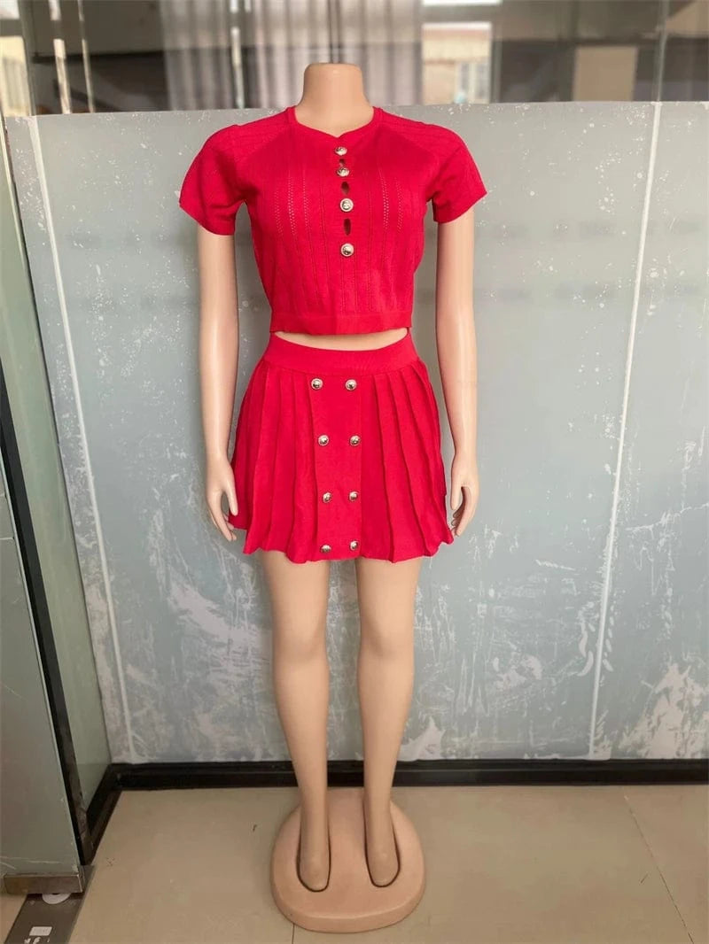 summer 2024 knit 2 two piece crop top t shirt and pleated mini skirt set women's clothing wholesale streetwear for women 2024