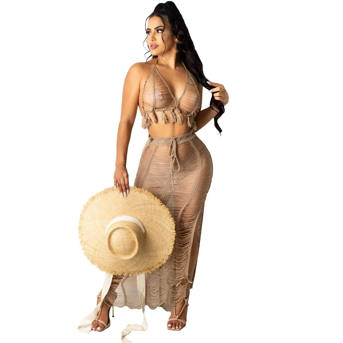 summer 2024 latex women sexy boho blue crochet beach wear halter bra and midi skirt 2 piece set dress outfit clothing clothes