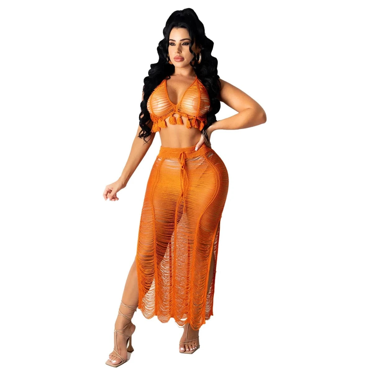 summer 2024 latex women sexy boho blue crochet beach wear halter bra and midi skirt 2 piece set dress outfit clothing clothes