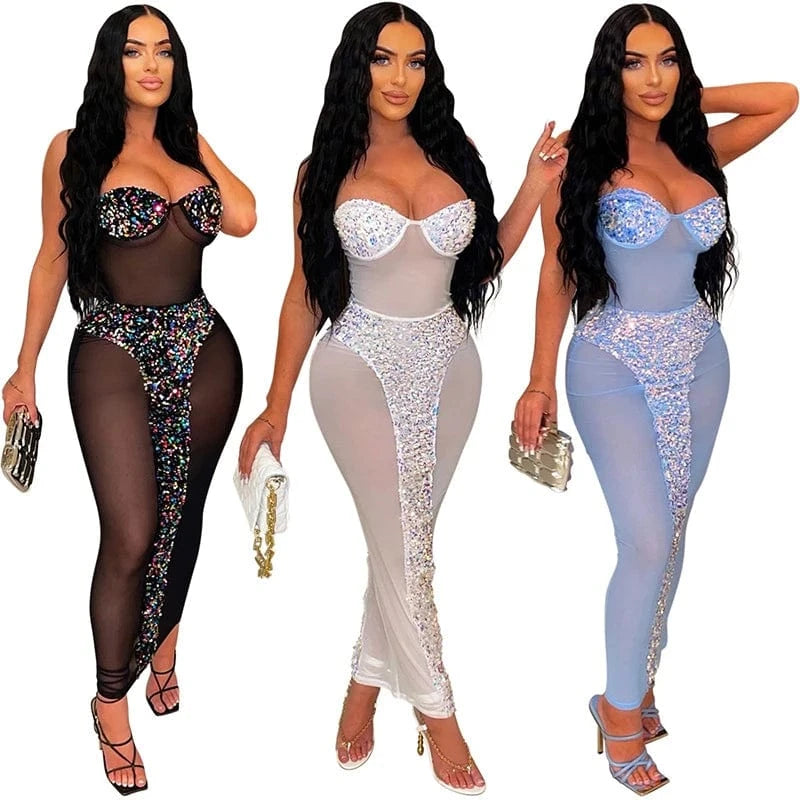 summer 2024 new arrivals women luxury sexy strapless birthday party mesh sheer sequin wrap maxi long bodycon dress for women