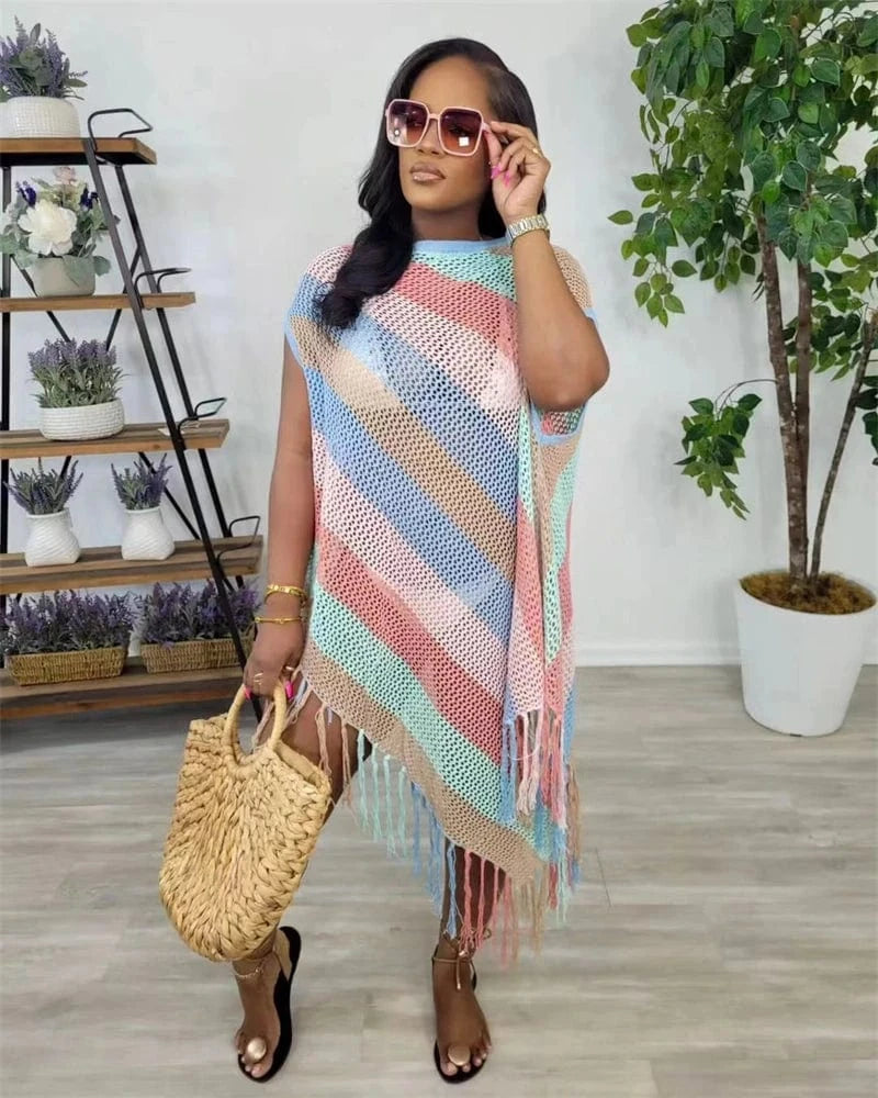 summer 2024 new arrivals women sexy boho trendy patchwork color beach bikini matching crochet knit oversized long cover up dress