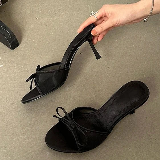Summer 2024 new fashion European and American style all-match thin heel sandals bow mesh elegant high heel sandals for women