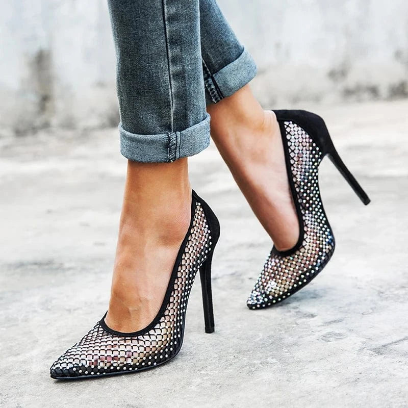Summer 2024 NEW Fashion Sequins Mesh surface Women Pumps Pointed end Thin High Heel Shoe Stiletto Heels Dance Wedding 35-42