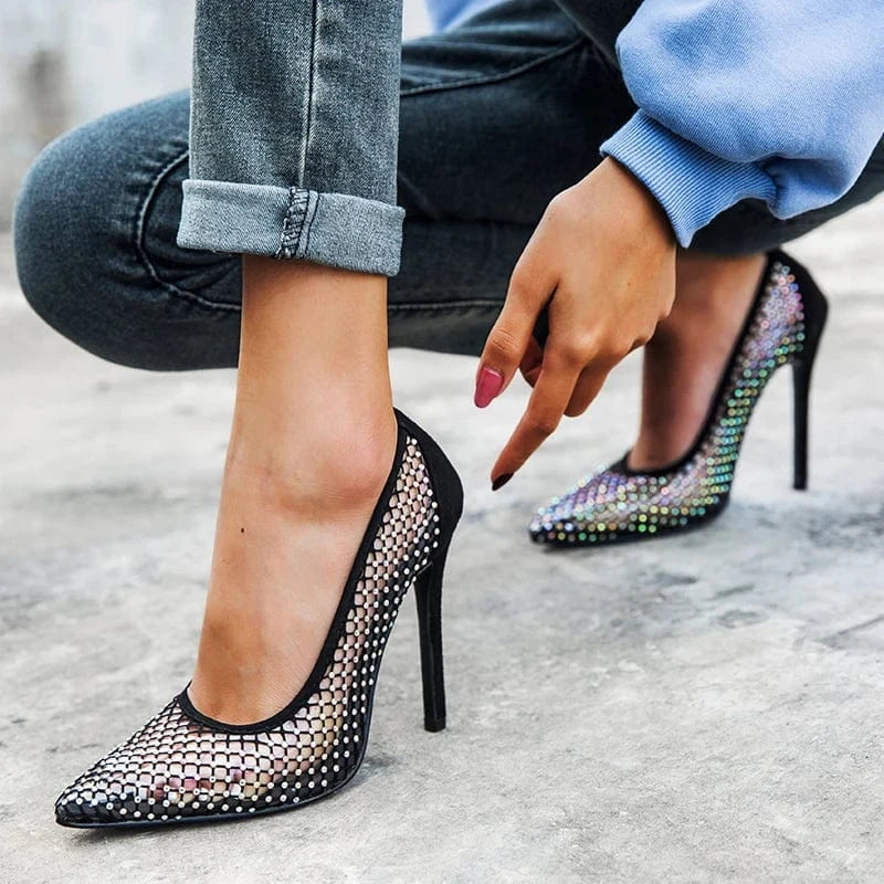 Summer 2024 NEW Fashion Sequins Mesh surface Women Pumps Pointed end Thin High Heel Shoe Stiletto Heels Dance Wedding 35-42