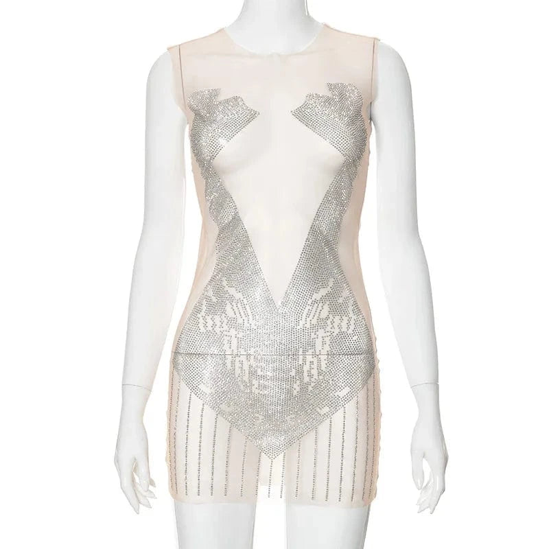 Summer 2024 Patchwork Mesh Hot-diamond Sleeveless Mini Dress Bodycon Sexy Hollow Out Fashion Dress For Women Lady