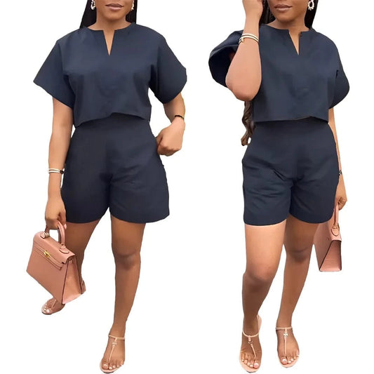 summer 2024 women fashion New solid color loose crop tops and shorts sets for women