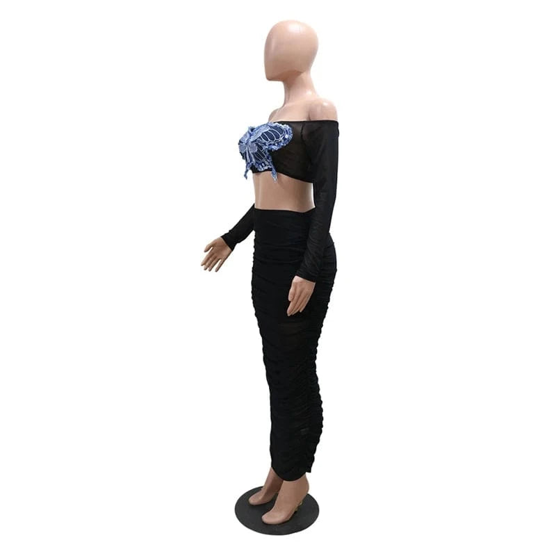 summer 2024 women ladies sexy beach mesh sheer two 2 piece butterfly crop top and long skirt bodycon set for women with skirt
