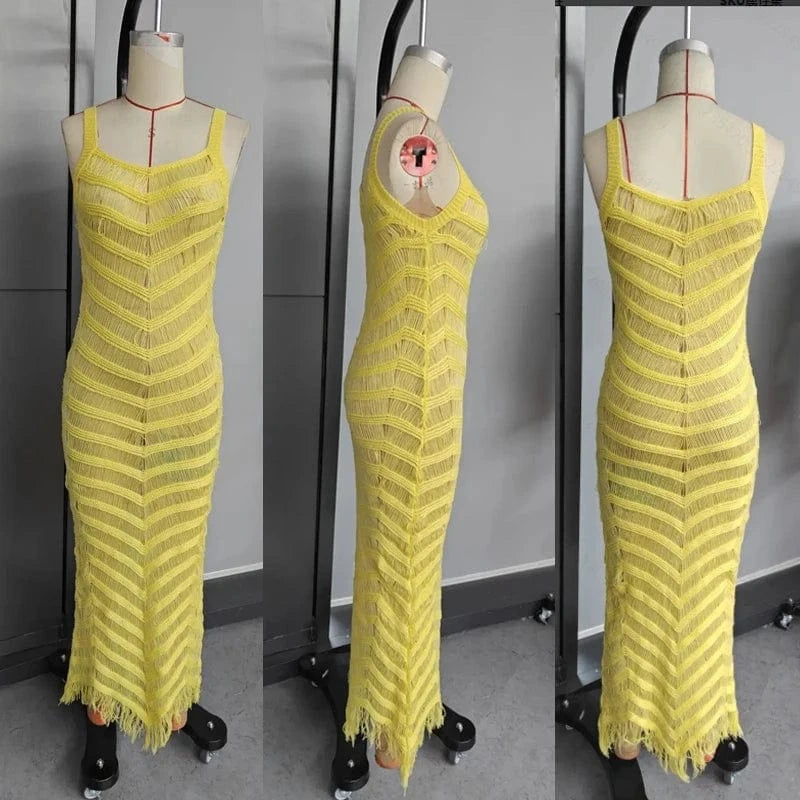 Summer 2025 New Casual Sexy Stylish Women Dresses Tight-Fitting V-Neck Long Hollow-Out Tassel Hem Sleeveless Maxi Knitted Dress