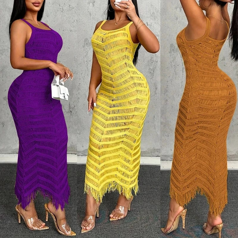Summer 2025 New Casual Sexy Stylish Women Dresses Tight-Fitting V-Neck Long Hollow-Out Tassel Hem Sleeveless Maxi Knitted Dress