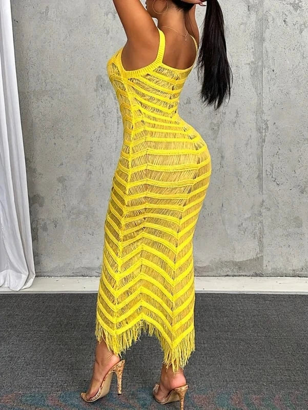 Summer 2025 New Casual Sexy Stylish Women Dresses Tight-Fitting V-Neck Long Hollow-Out Tassel Hem Sleeveless Maxi Knitted Dress