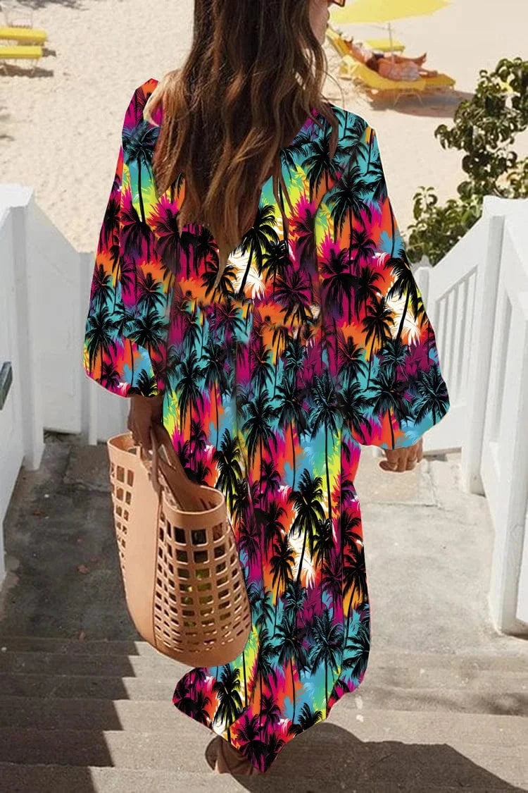 Summer 2025 printed slit flared sleeve vacation-style long chiffon dress, suitable for women on vacation and in beachwear