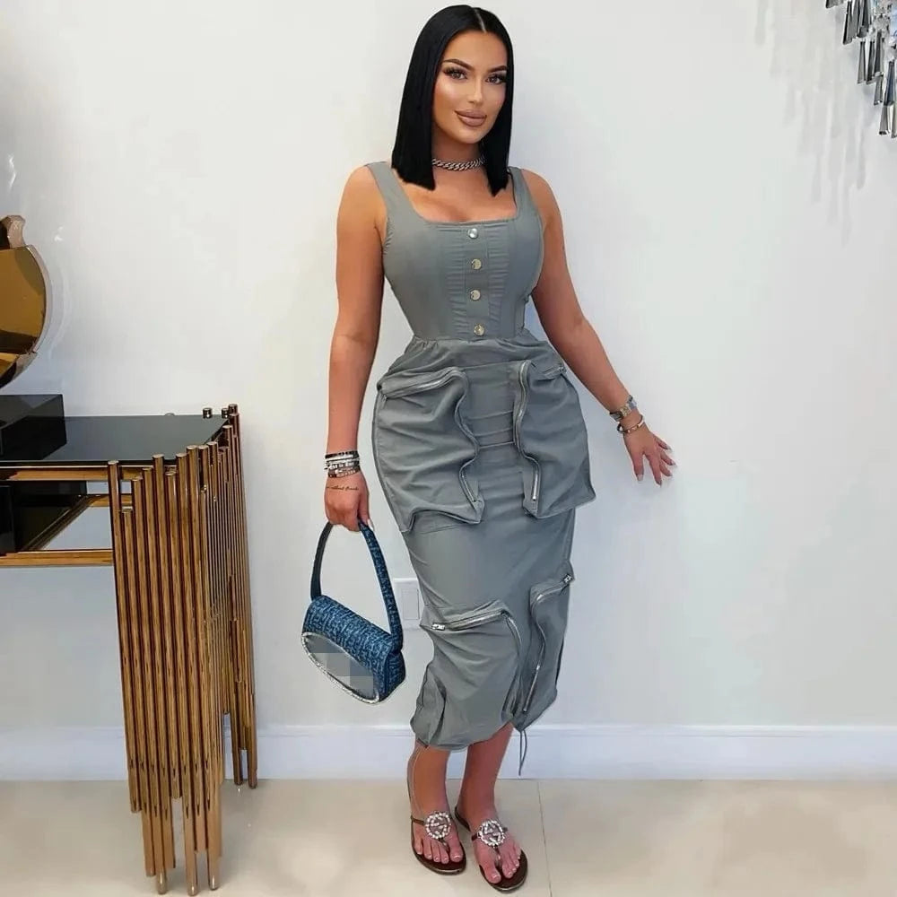 Summer 2025 Woman Elegant Casual Multi-Pockets Cargo Midi Long Dress Sleeveless Bodycon O-neck Night Club Party Dresses Vestidos