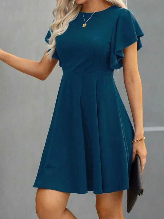Summer 2025 Women's Dresses Elegant Vintage Ruffle Sleeve Flared A Line Swing Round-Neck Casual Party Cocktail Dress Women Cloth