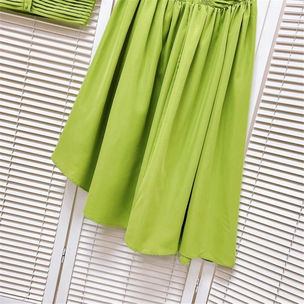 Summer A-Line Lady Women Elegant Sleeveless Beading Crop Top Irregular Long Puff Pleated Maxi Skirt Sexy Two 2 Piece Skirt Set