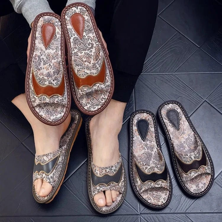 Summer anti-slippery indoor home embroidery genuine leather slippers for men sandals