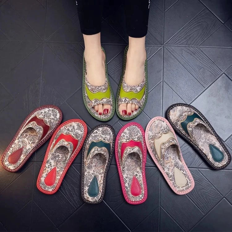 Summer anti-slippery indoor home embroidery genuine leather slippers for men sandals