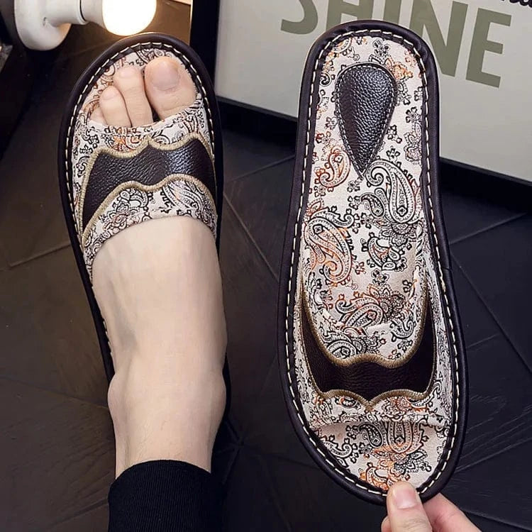 Summer anti-slippery indoor home embroidery genuine leather slippers for men sandals