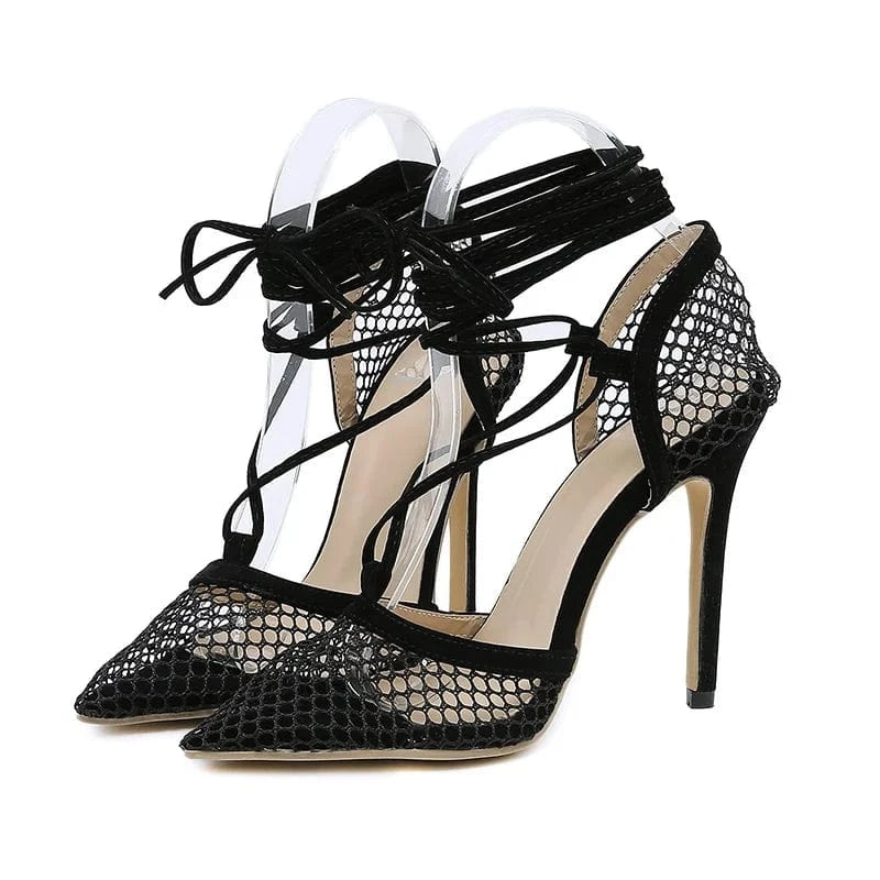 Summer Autumn Sexy Mesh Pumps Sandals Female Pointed Toe Lace Up Cross-tied Stiletto Hollow Dress Shoes High Heels