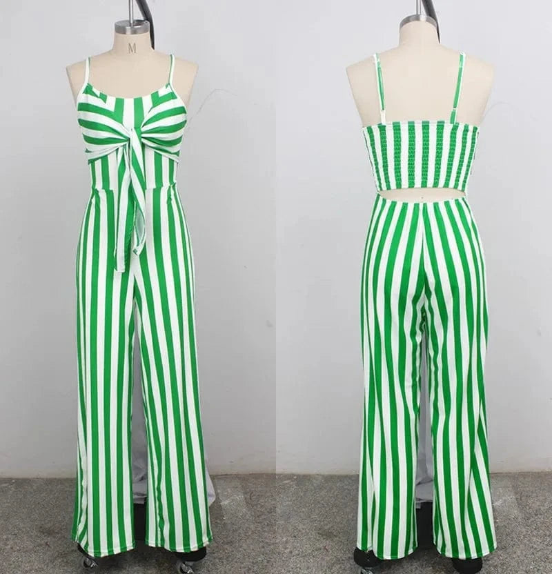 Summer Backless Striped Jumpsuit Women Sexy Party Clubwear Casual Bowtie Overalls Jumpsuits Plus Size Y11675