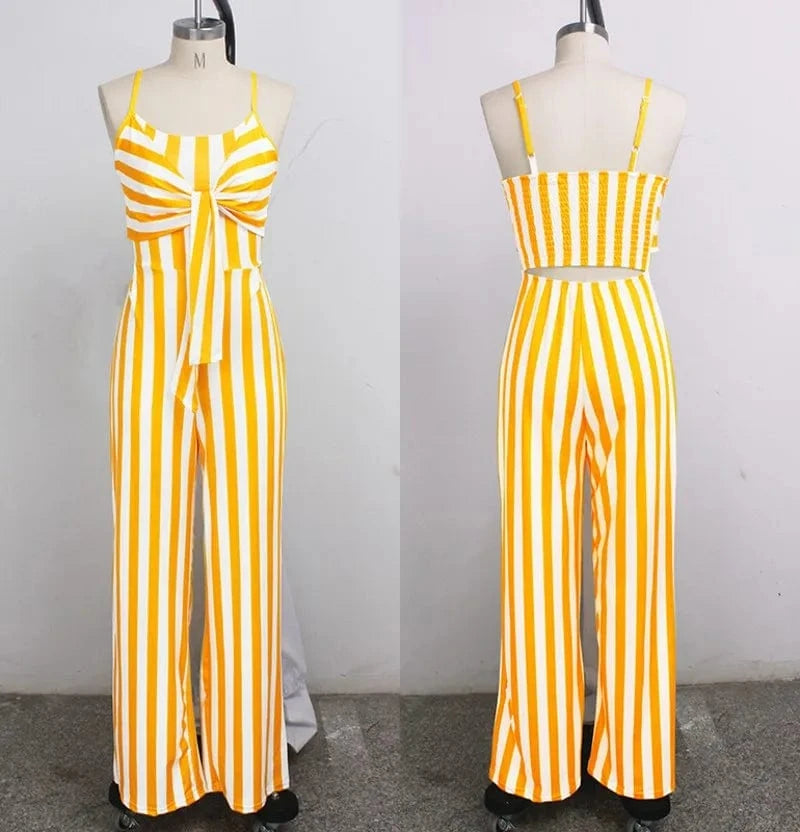 Summer Backless Striped Jumpsuit Women Sexy Party Clubwear Casual Bowtie Overalls Jumpsuits Plus Size Y11675