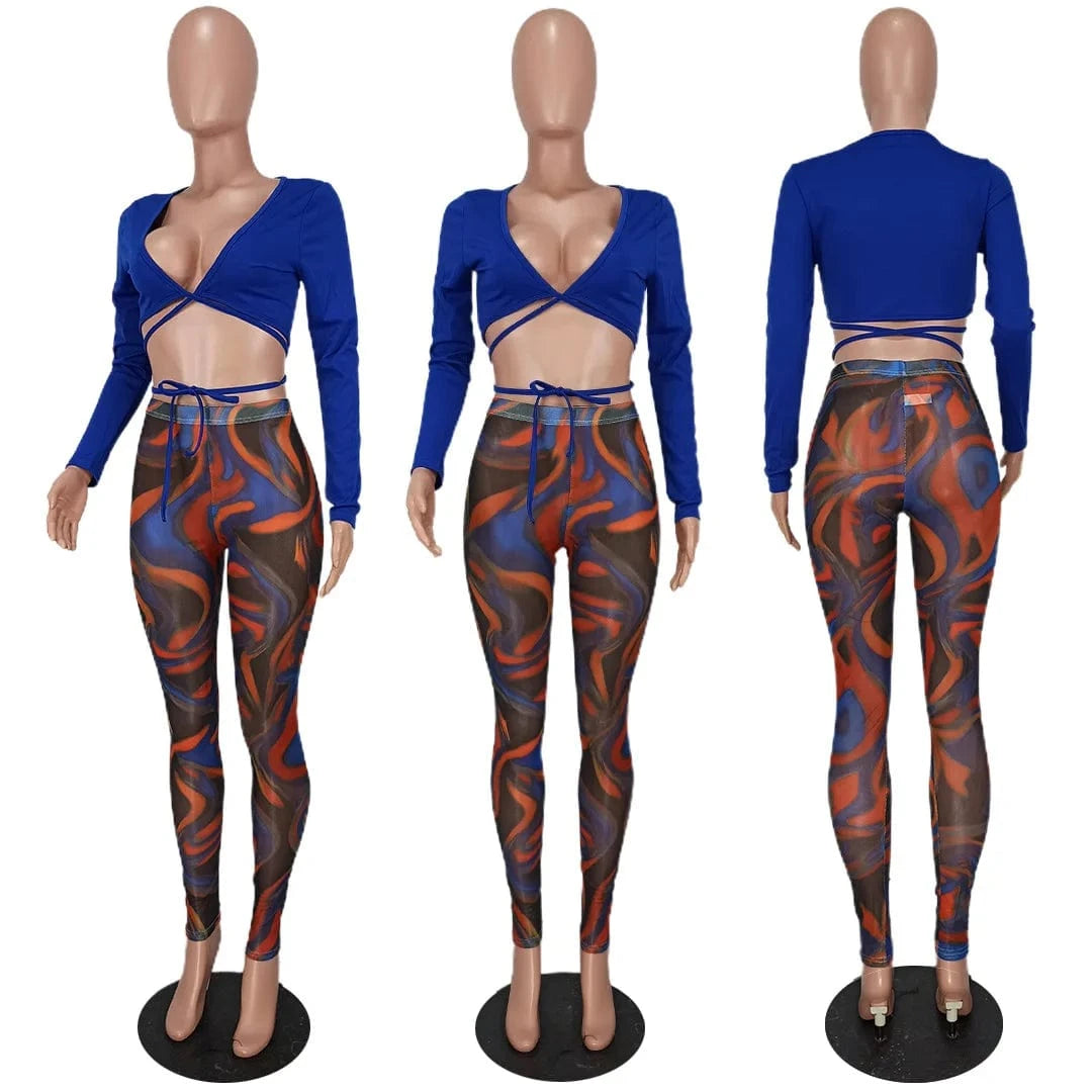 Summer Bandage Two Piece Set Sexy V Neck Lace Up Long Sleeve Crop Top Print Sheer Mesh Pants Club Party 2 Piece Set Women